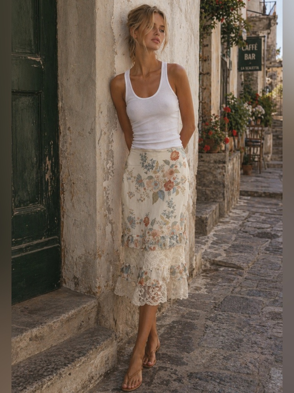 Max Mara Silk Floral Lace Trim Midi Skirt - Cream with Pastel Florals